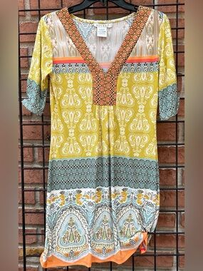 Adore Yellow, Teal & Orange Bohemian V-Neck Dress